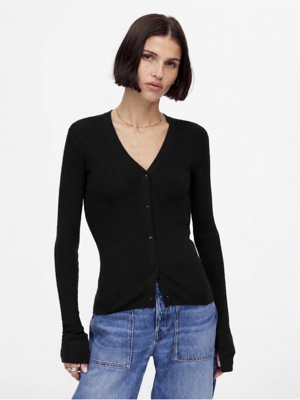 Madewell Black Merino Wool Silk Ribbed V Neck Cardigan XS
